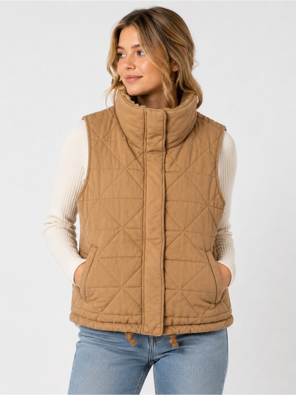 CALIA by Carrie Underwood Quilted Sherpa Lined Puffer Vest Tan Beige Size Medium